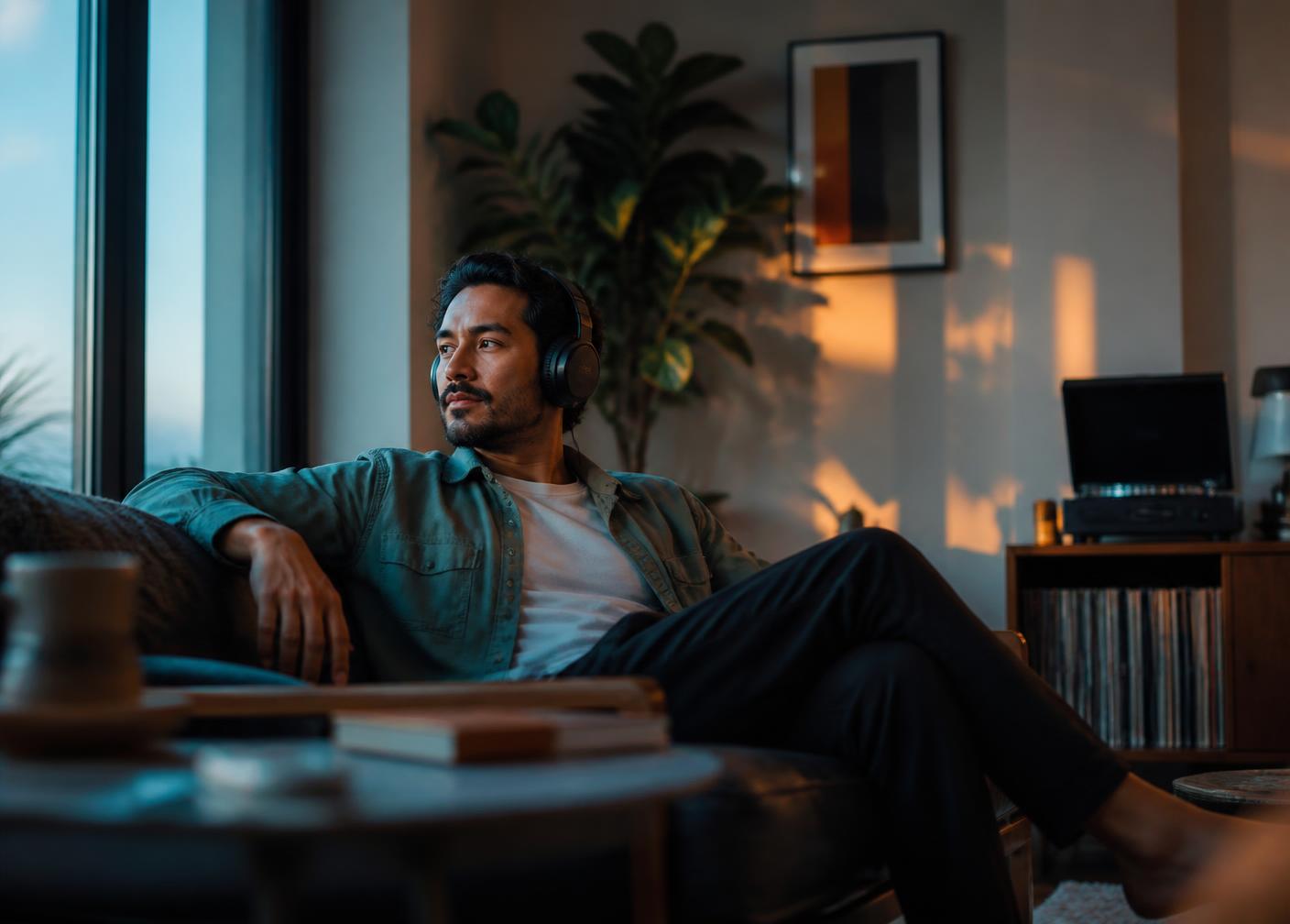 Hombre escuchando audio en un ambiente tranquilo