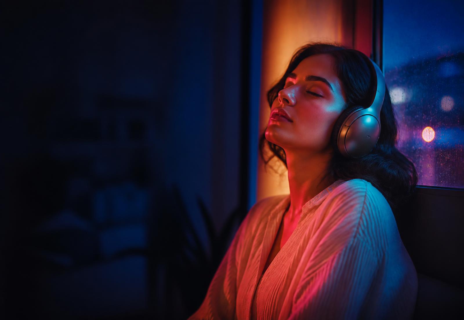 Mujer disfrutando Claridad Mental con auriculares
